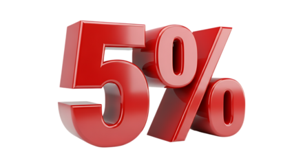 Shiny red five percent symbol isolated on a transparent background