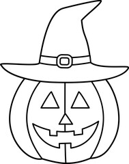 Cute Jack-o'-Lantern pumpkin with witch hat outline design isolated.
Transparent background.