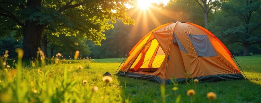 A spacious camping tent pitched in a lush green meadow, sunlight streaming through the mesh windows Perfect for outdoor adventures and nature escapes , inner tent, groundsheet, meadow
