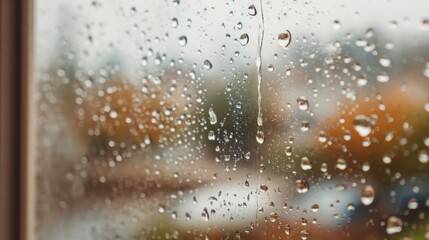 Obraz premium Raindrops cling to a window blurring the view of colorful leaves outside. The scene reflects the soothing mood of a rainy day inviting relaxation indoors.