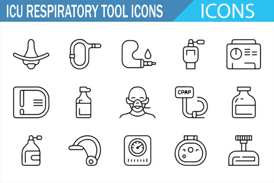 Hospital Respiratory Care Icons &mdash; Outline Pack of CPAP, BiPAP, Ventilator, Oxygen Mask, Cannula, Nebulizer, Ambu Bag & Airway Tools
