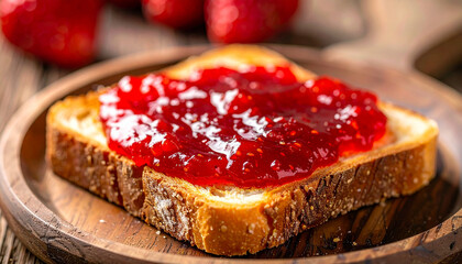 Tasty sweet toast with red strawberry jam on rustic wooden plate. Delicious food for breakfast.