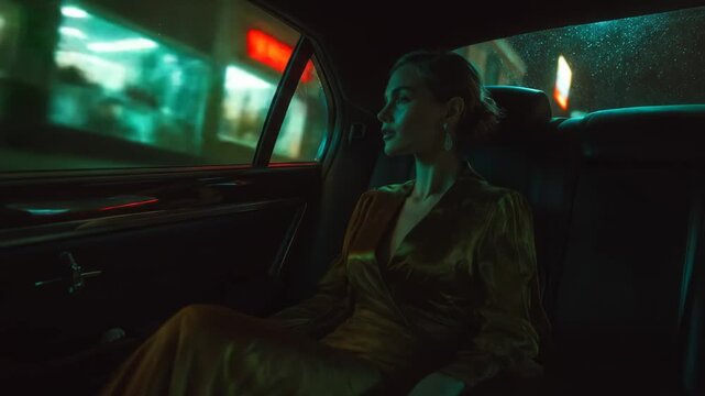 Young woman in her late twenties, Caucasian, wearing a golden evening dress, sitting in the backseat of a luxury car at night. Neon city lights reflect on the window, creating a glamorous cinematic vi