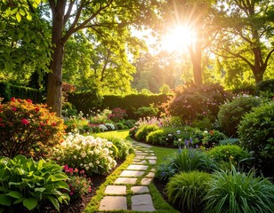 Lush garden path bathed in sunlight