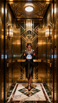 Woman in flapper dress holding glowing orb inside ornate golden elevator with art deco design