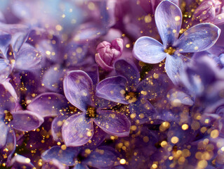 Close-up view of purple blossoms surrounded by golden glowing particles creating a dreamy and magical floral atmosphere in soft focus background
