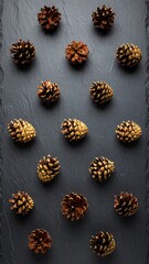 Fototapeta premium Gold and brown pinecones on dark slate