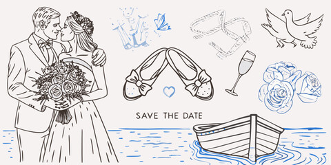 Save the date wedding illustration featuring a loving couple wedding shoes champagne roses a dove and a boat on water