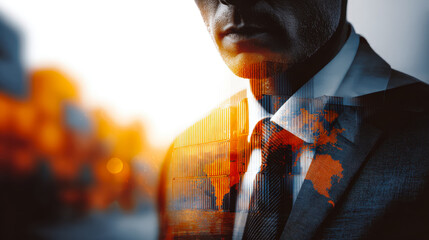 Business professional with global market insights and digital overlay