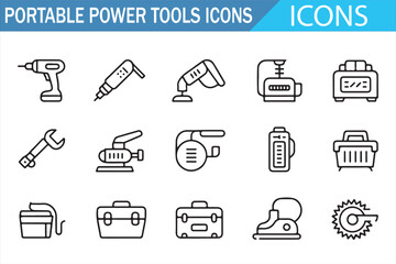 DIY and carpentry icons—outline handheld power tools with circular saw and jigsaw