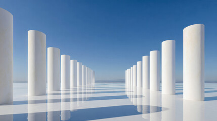 Symmetrical white cylindrical columns casting long shadows on a reflective surface under a clear blue sky in a minimalist modern architectural setting