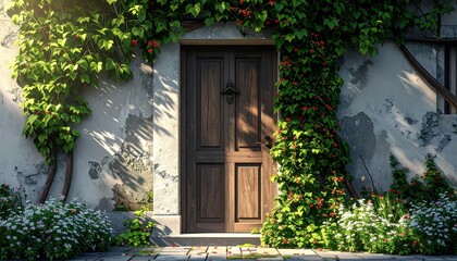 Rustic Wooden Doorway with Vines.