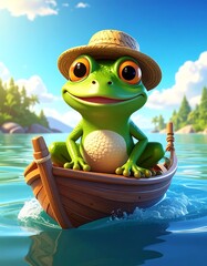 Cute Frog in a Boat on a Lake.