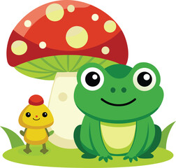 A cute green frog and a little yellow chick friend sit together happily in the grass under a large red and white spotted mushroom