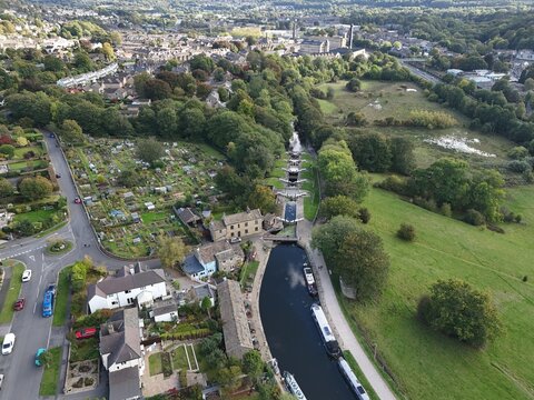 aerial view of Bingley Five Rise Locks, part of the Leeds & Liverpool Driffield Navigation Canal. victorian manmade waterway. Yorkshire, England