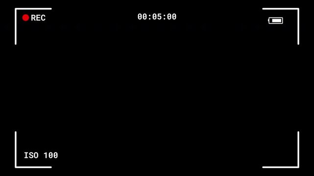 camera overlay with recording frame and top-center timer, style HUD for video with ISO, REC icon, black screen, and timestamp in upper center