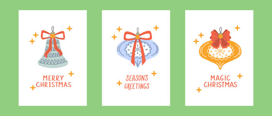 Set of three colorful Christmas card vector illustrations with ornaments and festive messages. Perfect for holiday greetings, printable cards, social media posts and invitations.
