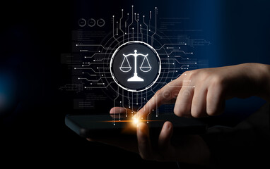 Naklejka premium Futuristic digital law interface displaying justice scale, highlighting digital law, AI compliance, digital law systems, and digital law regulations for secure governance. Spline