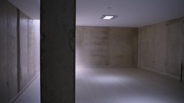 Moving camera revealing brutalist empty room with concrete walls and pillars, showcasing minimalist architecture with natural light from window and ceiling lamp illumination