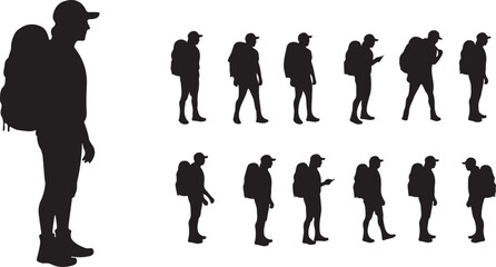 Silhouette, walking poses, backpack person, motion study, standing figure, black and white, minimal, travel, movement, posture, dynamic, expressive, casual, journey, design, 