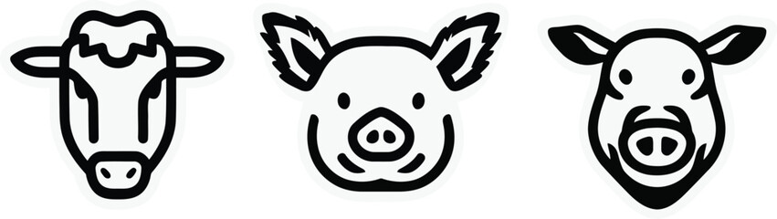 Minimalist Line Art Icons of Cow, Pig, and Boar Faces in a Clean Modern Style