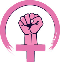 Obraz premium Feminist symbol vector with raised pink fist inside female gender icon for women’s empowerment, equality, and activism design
