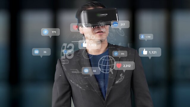 A man is immersed in a virtual reality experience, surrounded by social media notifications, showcasing the intersection of technology, business, and engagement in a modern workspace. Raster