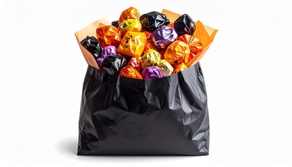 A full black garbage bag overflowing with colorful Halloween candy wrapped in foil