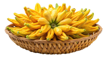 A wicker basket filled with bright yellow buddha s hand citron fruit isolated on transparent background
