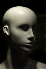 Close-up detail of a mannequin's face in a shop window with strong shadows and lights.
