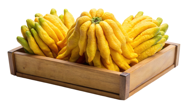 Three bright yellow buddha s hand citron fruits with unique finger like segments in a rustic wooden crate isolated on transparent background