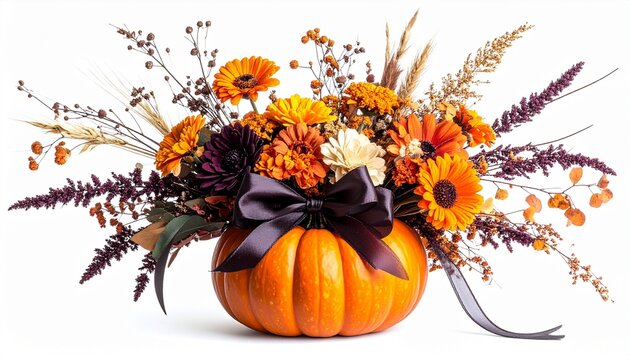 A vibrant autumn floral arrangement in a natural pumpkin vase, creating a perfect festive centerpiece for Thanksgiving or fall decoration