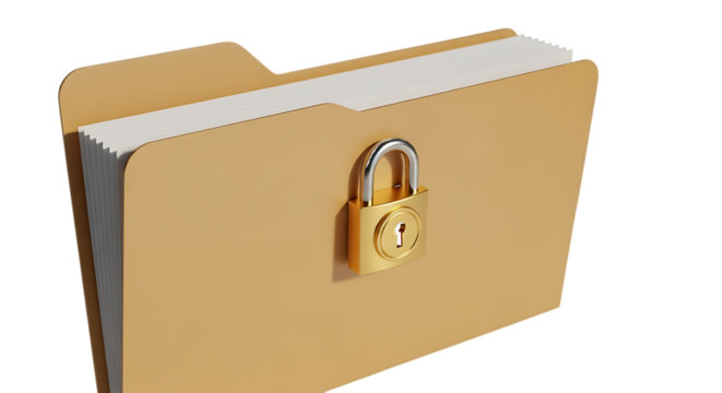 Folder with golden padlock and papers isolated on a transparent background