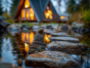 Warm glowing lights from triangular cabins reflect softly on a tranquil water stream with stepping stones leading through a serene natural landscape at dusk