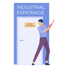 Industrial espionage man with crowbar breaking into door labeled secret documents