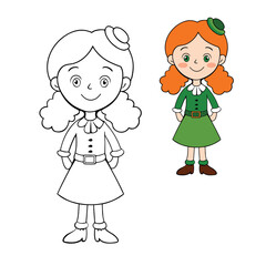 An Irish girl coloring page featuring a smiling lass in traditional dress, with braided hair, shamrock accents, and cheerful charm ready for kids to color with creativity.
