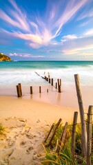 Beach sunset with old pier remnants