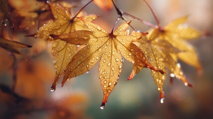 Golden maple leaves with dewdrops in morning light