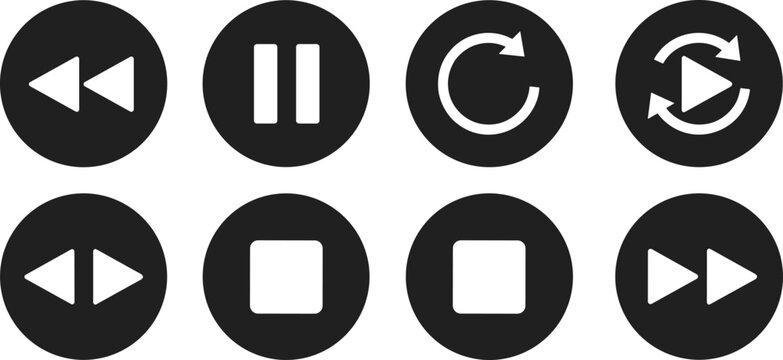 Media control icons, black buttons, playback symbols, rewind, pause, stop, fast forward, repeat, refresh, minimal design, UI, interface, digital, audio, 