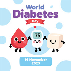 “World Diabetes Day – 14 November 2023” colorful vector with blood drop, glucose meter, sugar cube, and awareness ribbon