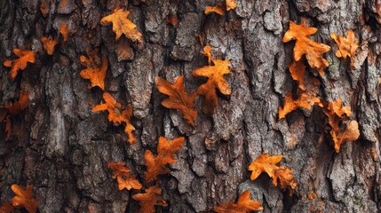Oak tree bark with scattered fallen orange leaves