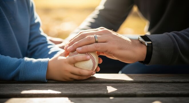 An adult gently guides a child’s hands holding a baseball, symbolizing teaching, bonding, and shared moments outdoors on a sunny day. - Powered by Adobe