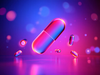 Floating transparent capsules with blue and pink hues in a vibrant scene