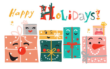 Playful holiday illustration featuring gift boxes with cute facial expressions and the text 