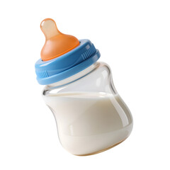 3d tilted ergonomic baby bottle with milk and blue ring in transparent background png and white background jpg

