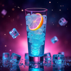 Refreshing blue cocktail with lemon slice and ice cubes on pink background