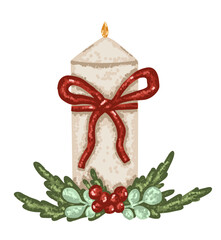 Christmas candle with fire decorated with fir tree and mistletoe berry in flat style