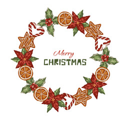Christmas wreath frame decorated with mistletoe berry, cane candy and gingerbread cookie in flat style