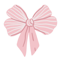 Pink bow with ribbon and stripe pattern in vintage coquette style. Flat illustration