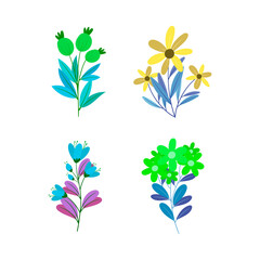 Collection of four charming hand-drawn floral illustrations featuring vibrant colors and delicate botanical elements